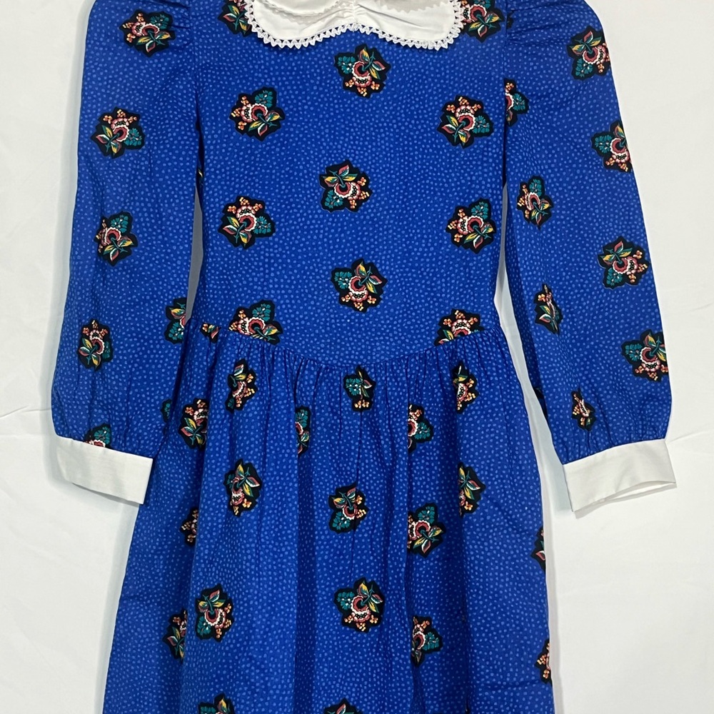 Vintage Polly Flinders Blue Floral Girls Dress with White Collar